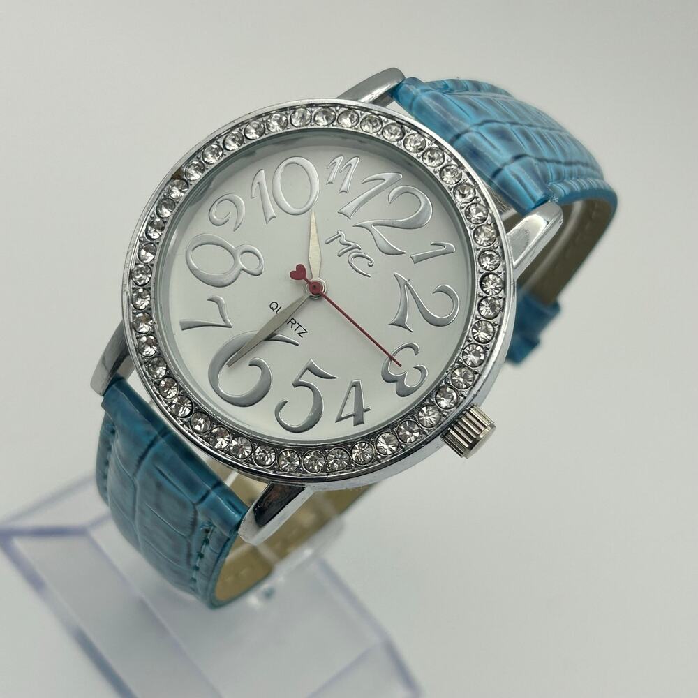 MC Silver Crysyal Bezel Blue Leather Band Women’s Watch Working New Battery